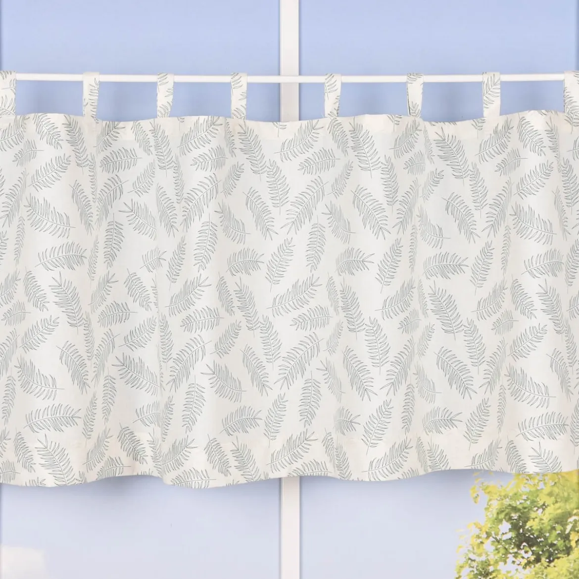 Bio Schlaufenbistro Scheibengardine aus Bio Baumwolle mit Blätterprint wollweiß grün 150x50cm