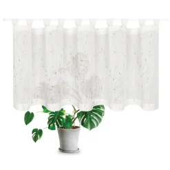 Bio Schlaufenbistro Scheibengardine aus Bio Baumwolle Blätterstickerei Leinenstruktur transparent wollweiß grau 150x50cm