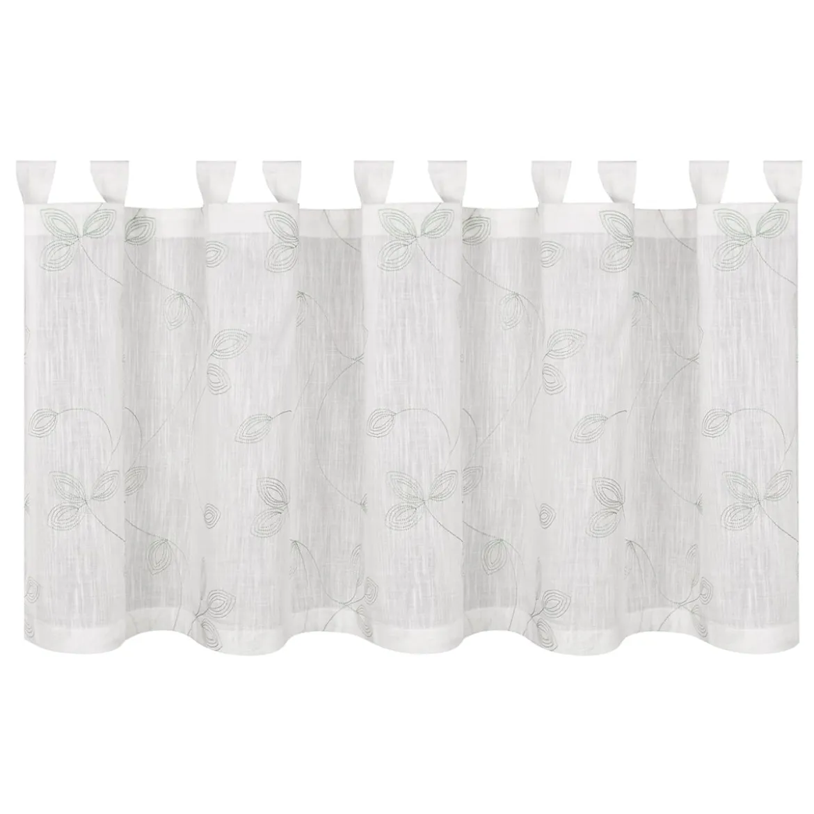 Bio Schlaufenbistro Scheibengardine aus Bio Baumwolle Blätterstickerei Leinenstruktur transparent wollweiß grün 150x50cm