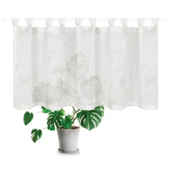 Bio Schlaufenbistro Scheibengardine aus Bio Baumwolle Blätterstickerei Leinenstruktur transparent wollweiß grün 150x50cm