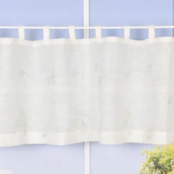 Bio Schlaufenbistro Scheibengardine aus Bio Baumwolle Blätterstickerei Leinenstruktur transparent wollweiß grün 150x50cm