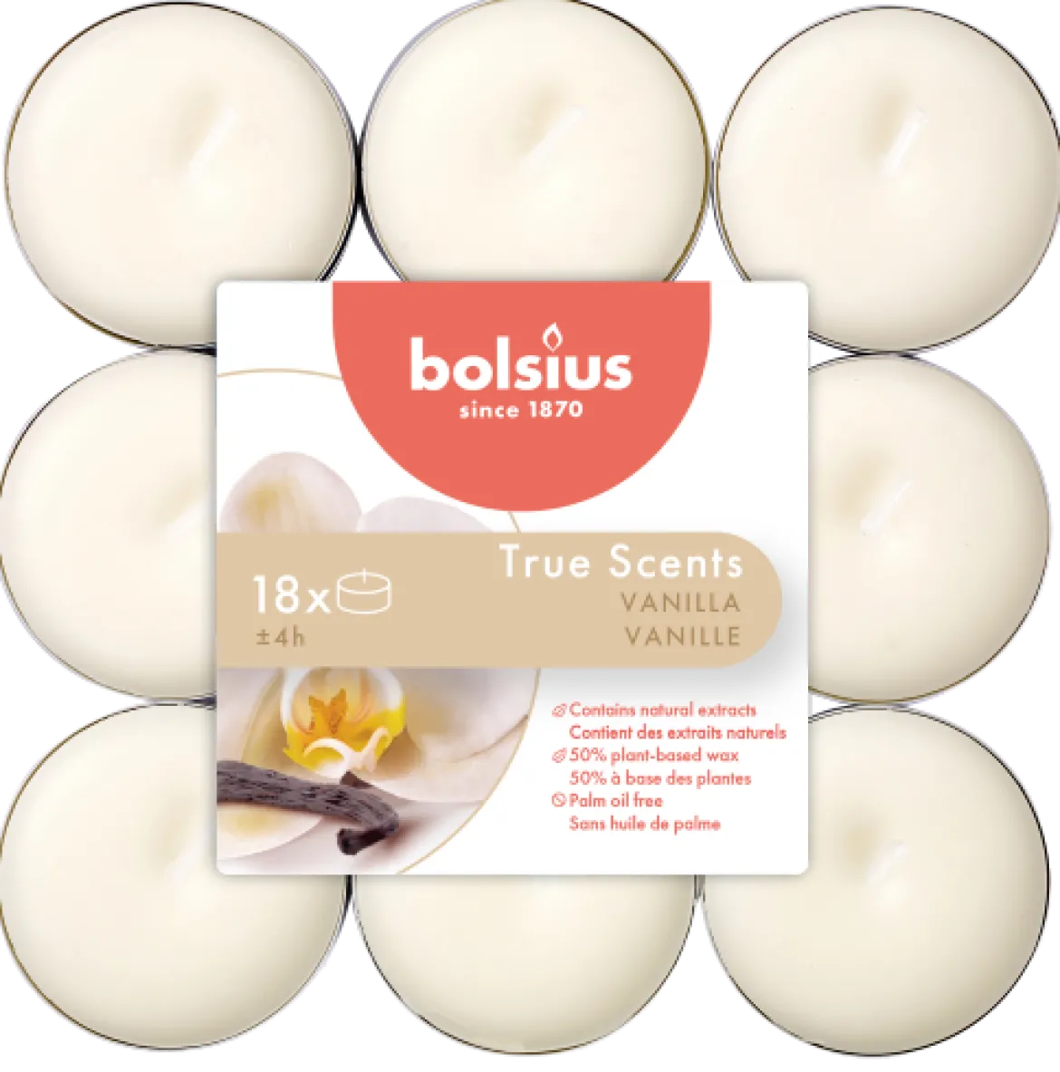 Bolsius Duft-Teelichter Aromatic Vanille weiß silberfarbig 18 Stück