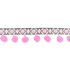 Bommelborte mit Webband Jacquard neon pink weiß schwarz Breite: 3cm