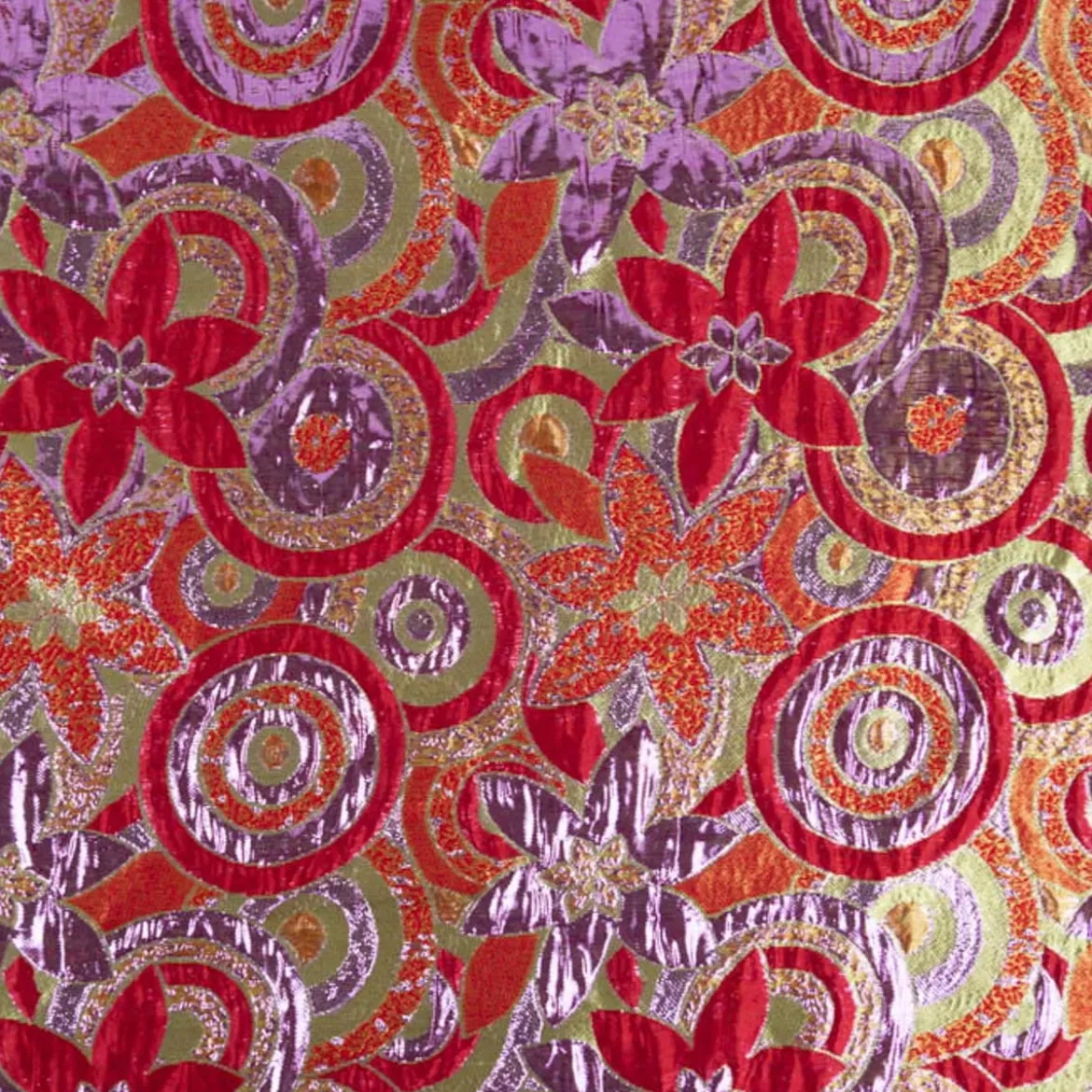 Brokatstoff mit Lurex Blumen und Kreise rot gold lila 145cm Breite