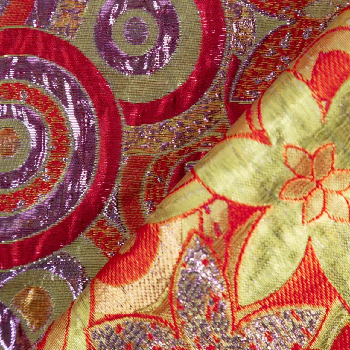 Brokatstoff mit Lurex Blumen und Kreise rot gold lila 145cm Breite