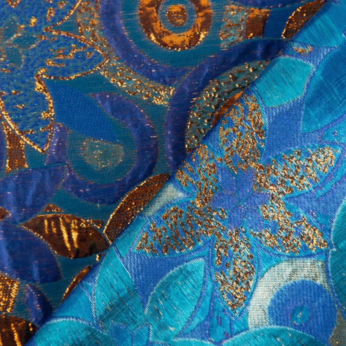 Brokatstoff mit Lurex Blumen und Kreise blau kupfer 145cm Breite