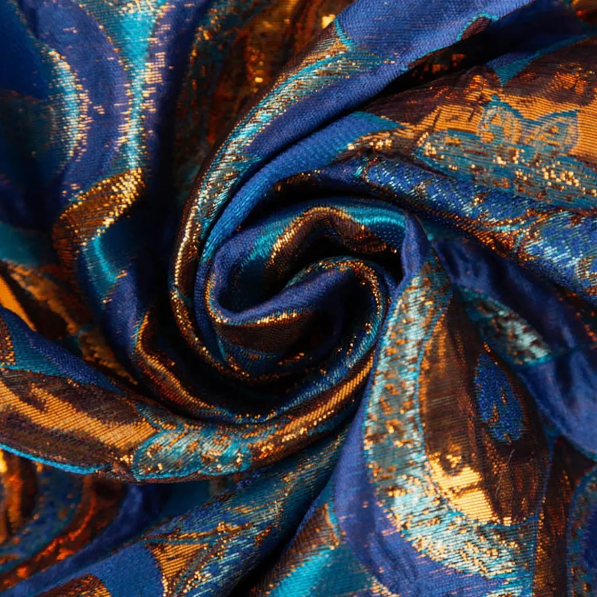 Brokatstoff mit Lurex Blumen und Kreise blau kupfer 145cm Breite