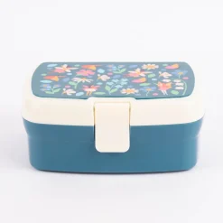 Brotzeit-Dose mit herausnehmbarem Fach Fee Schmetterling Blumen dunkelblau creme 17,5x13x7cm