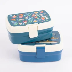 Brotzeit-Dose mit herausnehmbarem Fach Fee Schmetterling Blumen dunkelblau creme 17,5x13x7cm