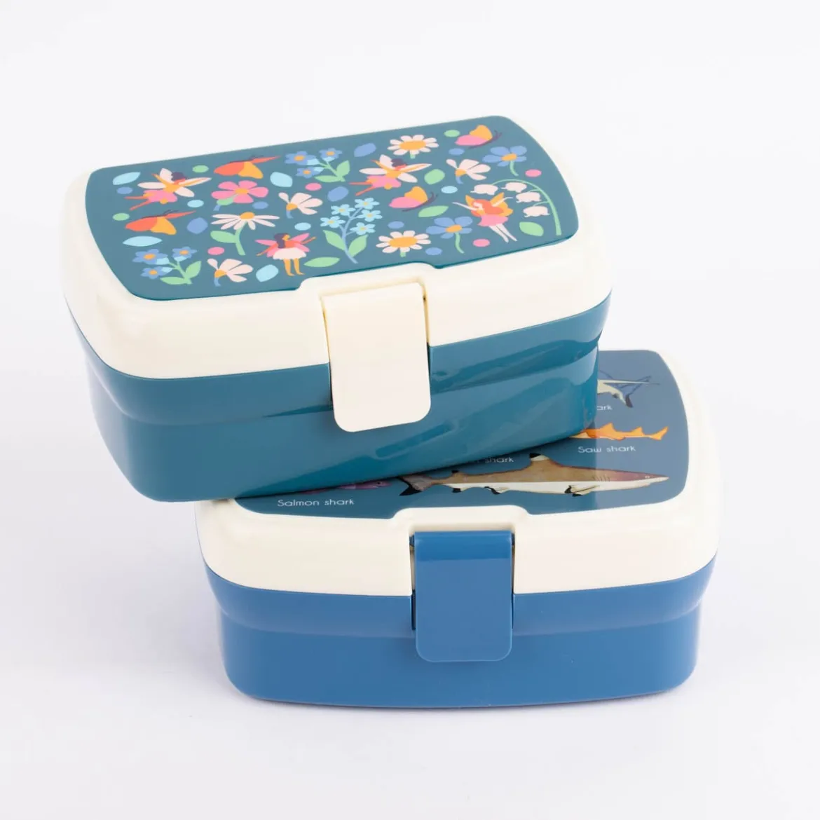 Brotzeit-Dose mit herausnehmbarem Fach Fee Schmetterling Blumen dunkelblau creme 17,5x13x7cm