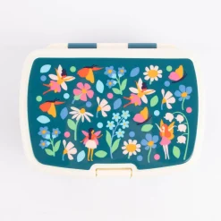 Brotzeit-Dose mit herausnehmbarem Fach Fee Schmetterling Blumen dunkelblau creme 17,5x13x7cm