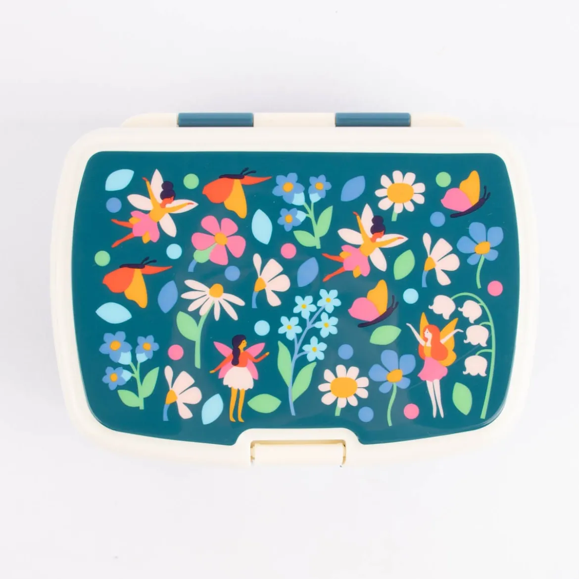 Brotzeit-Dose mit herausnehmbarem Fach Fee Schmetterling Blumen dunkelblau creme 17,5x13x7cm