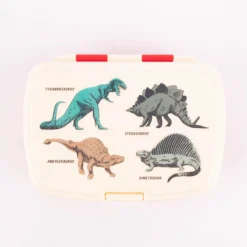 Brotzeit-Dose mit herausnehmbarem Fach Dinosaurier rot creme 17,5x13x7cm