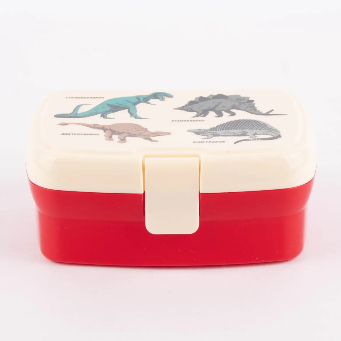 Brotzeit-Dose mit herausnehmbarem Fach Dinosaurier rot creme 17,5x13x7cm