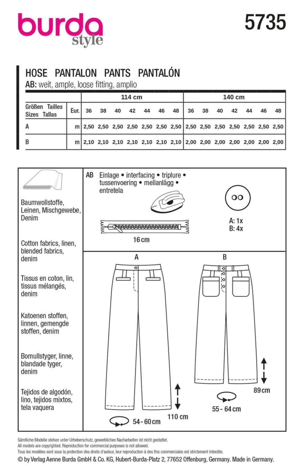 Burda Schnittmuster 5735 Damen Hose