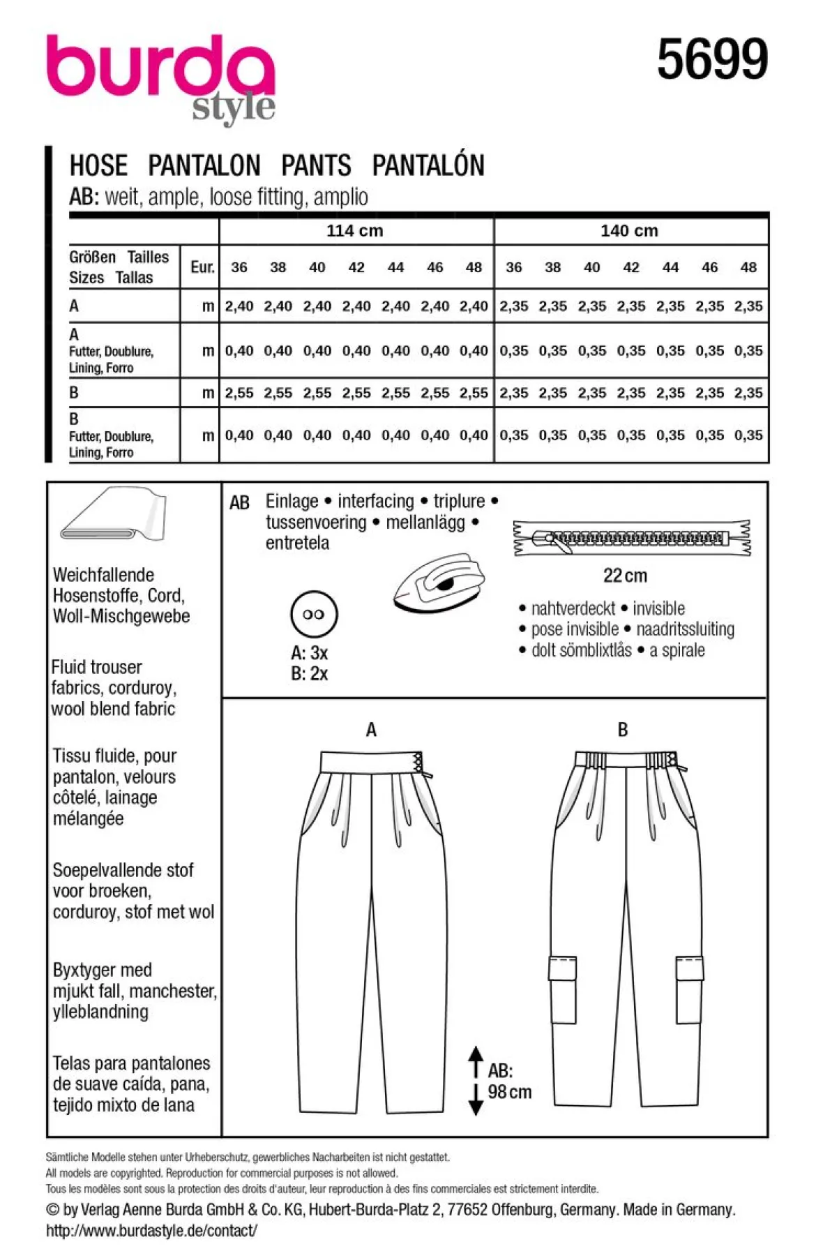 Burda Schnittmuster 5699 Damen Hose