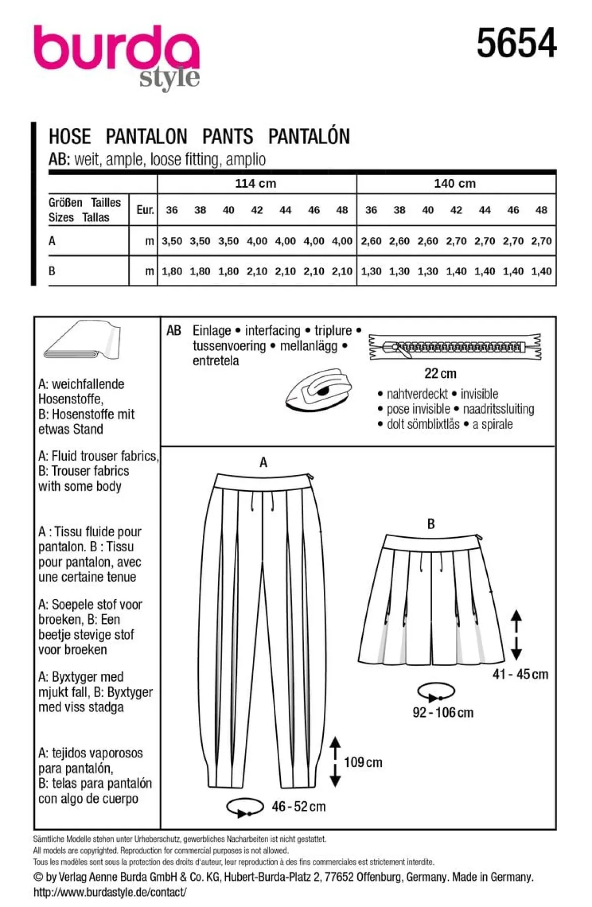 Burda Schnittmuster 5654 Damen Hose