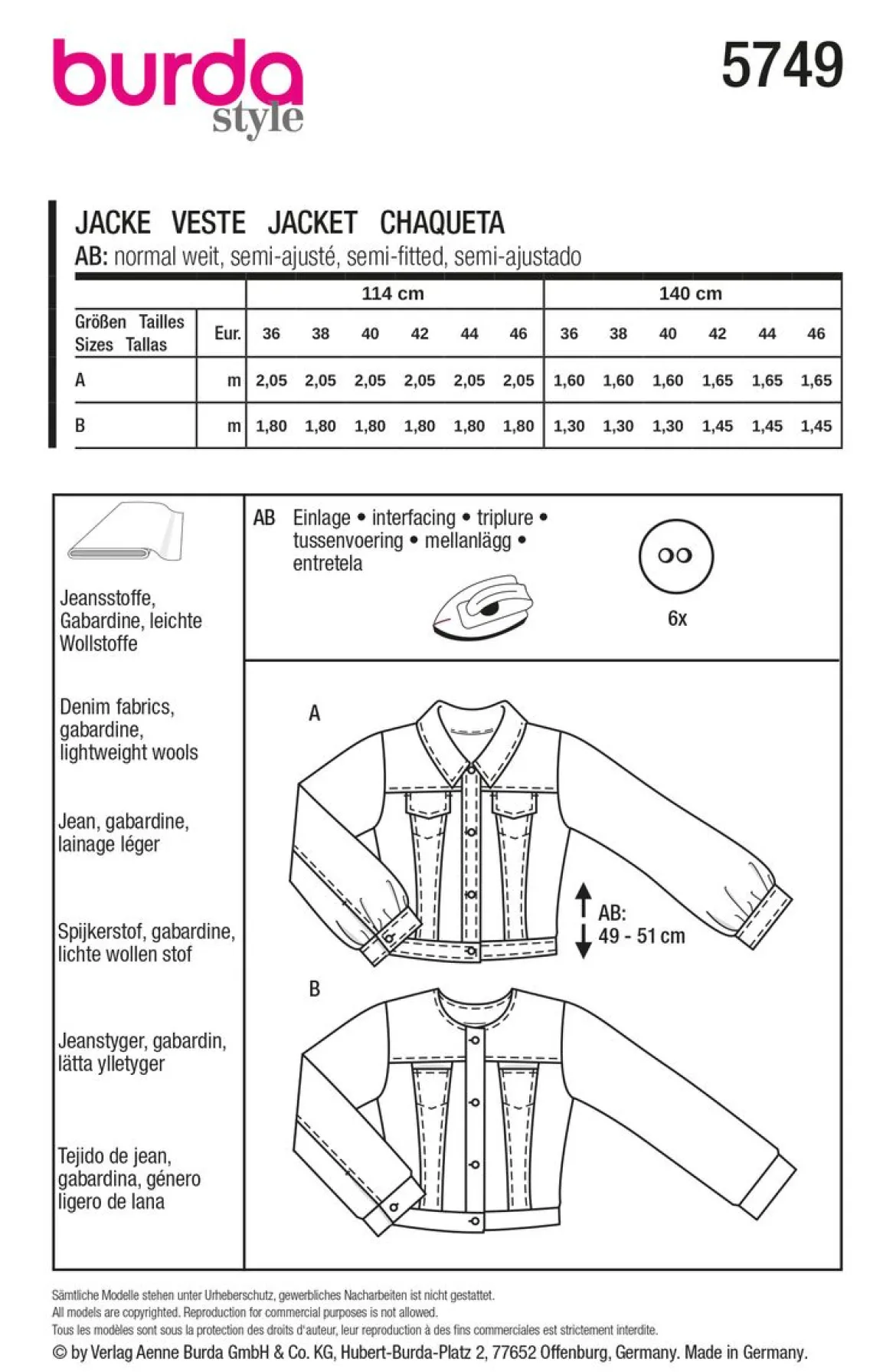Burda Schnittmuster 5749 Damen Jacke