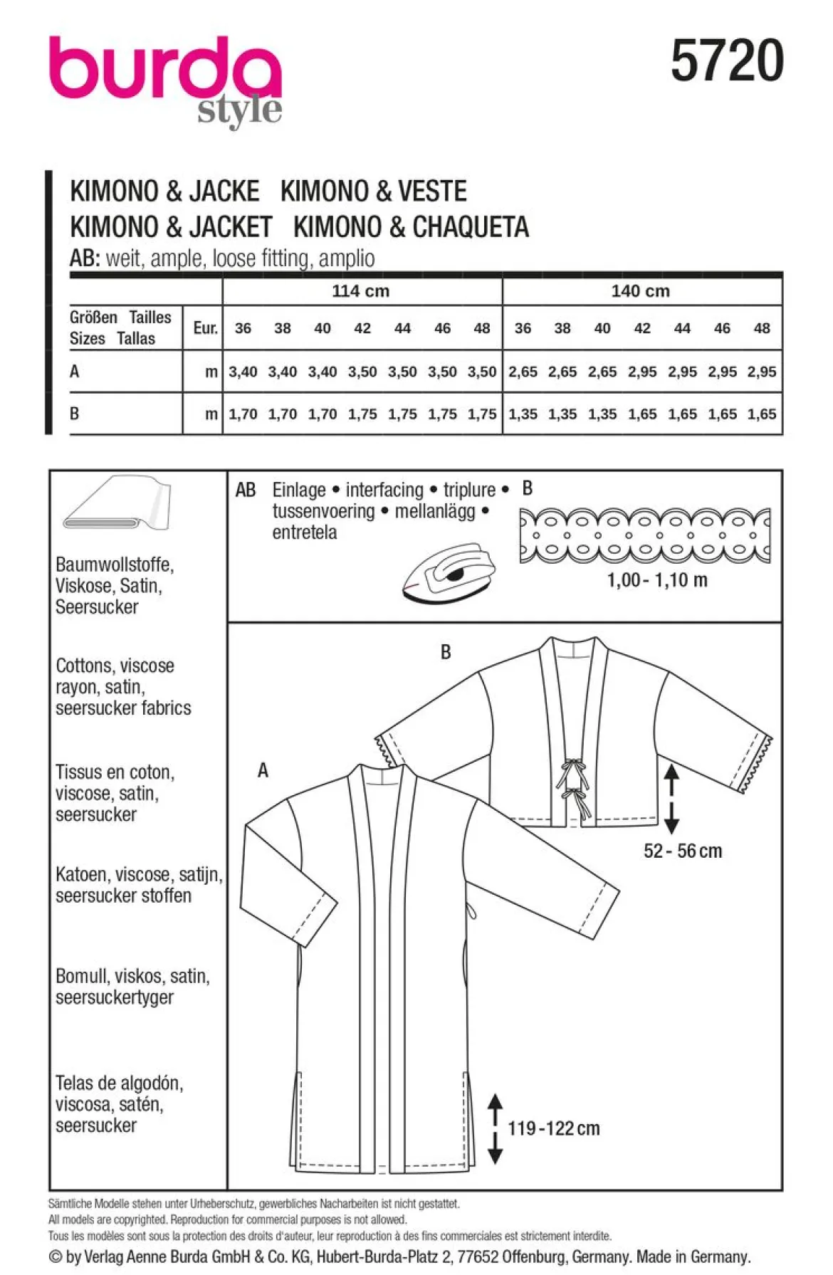 Burda Schnittmuster 5720 Damen Kimono & Jacke