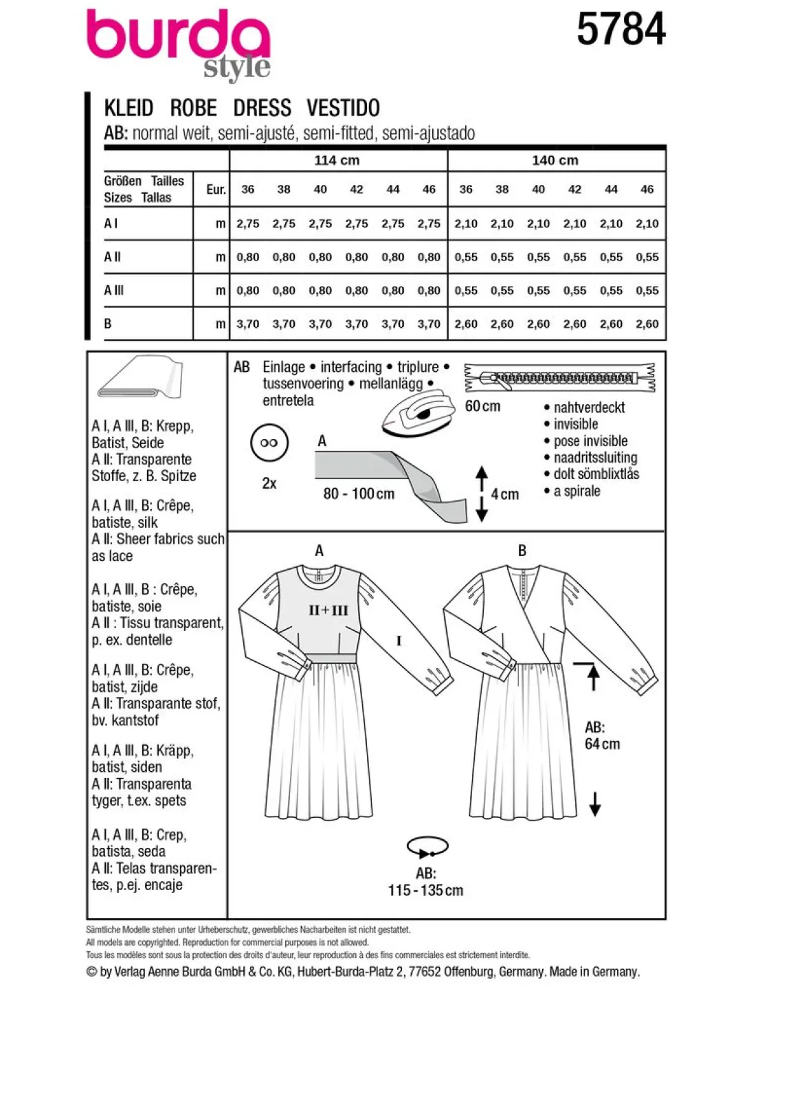 Burda Schnittmuster 5784 Damen Kleid