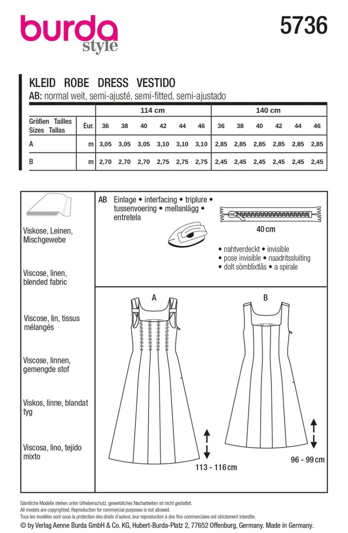 Burda Schnittmuster 5736 Damen Kleid