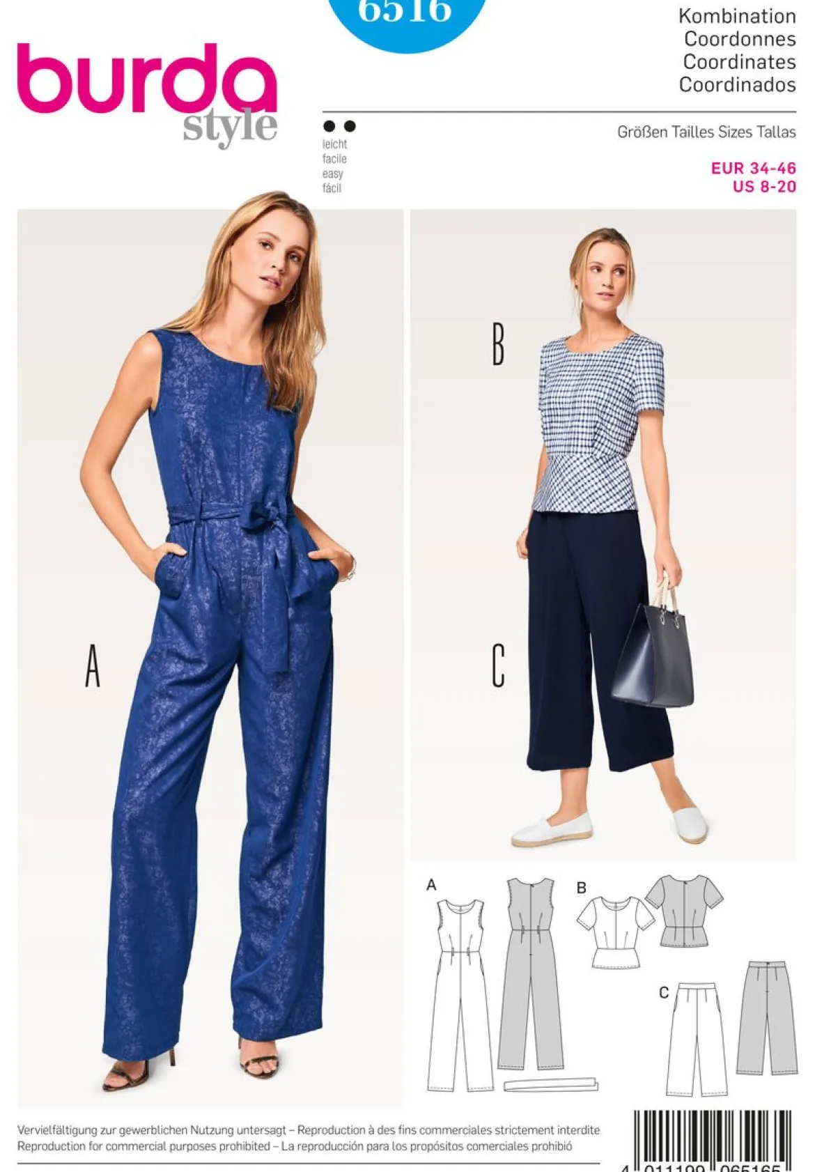 Burda Schnittmuster 6516 Damen Kombination Größe 34-46
