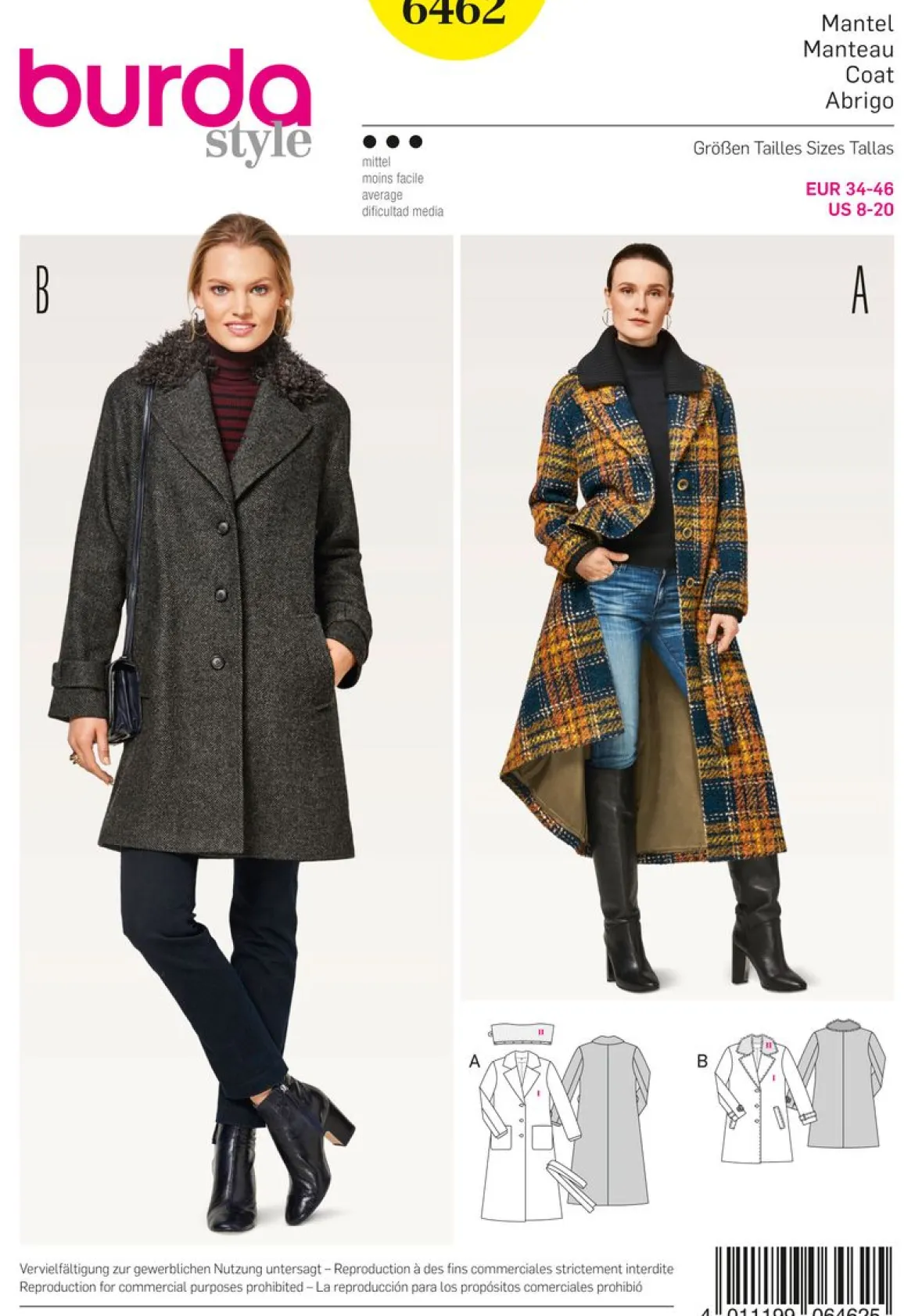 Burda Schnittmuster 6462 Damen Mantel Größe 34-46