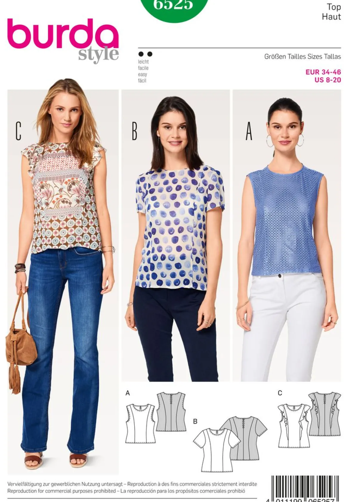 Burda Schnittmuster 6525 Damen Top Größe 34-46