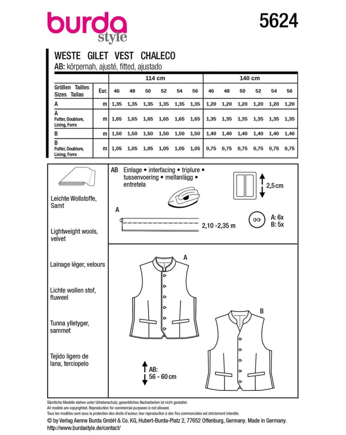 Burda Schnittmuster 5624 Damen Weste