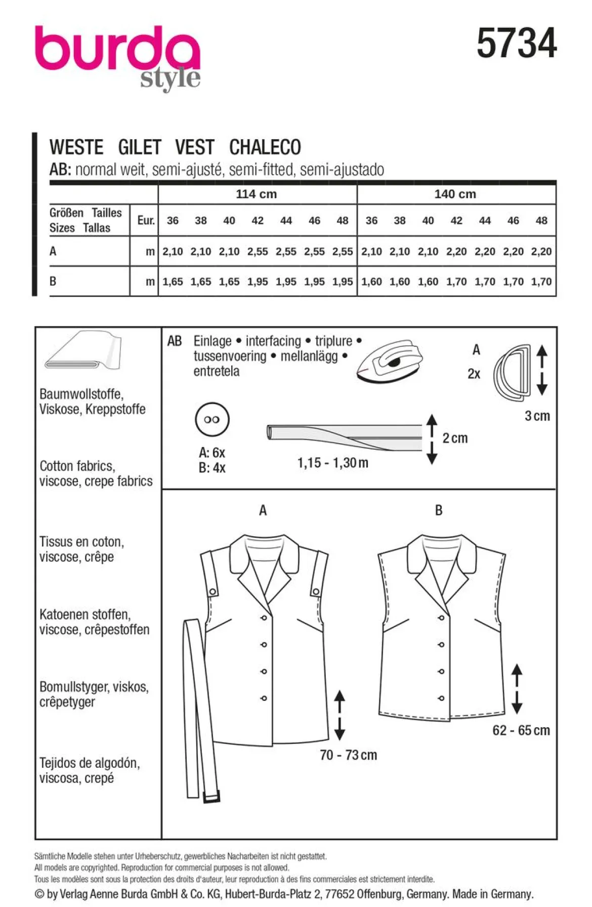 Burda Schnittmuster 5734 Damen Weste