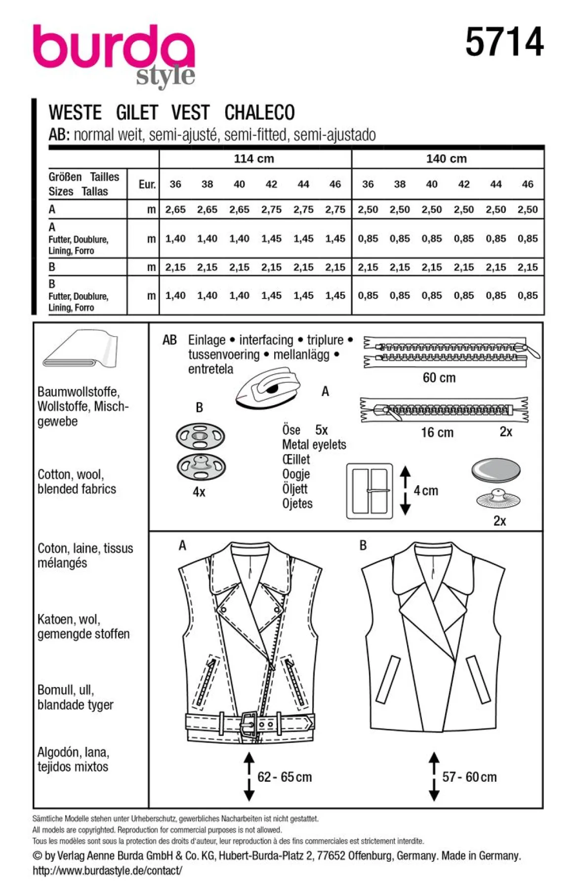Burda Schnittmuster 5714 Damen Weste