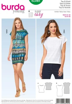 Burda Schnittmuster 6540 Damen young Top und Kleid Größe 32-46