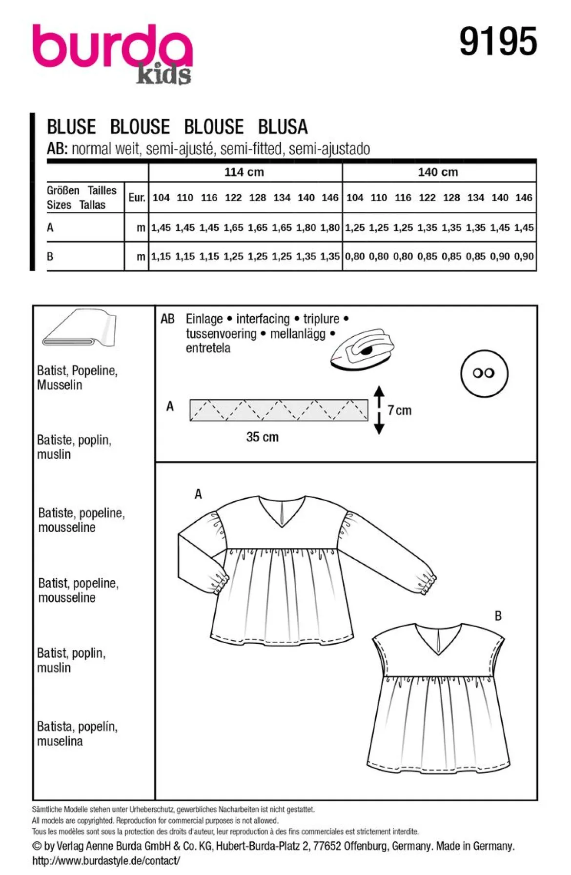 Burda Schnittmuster 9195 Kinder Bluse