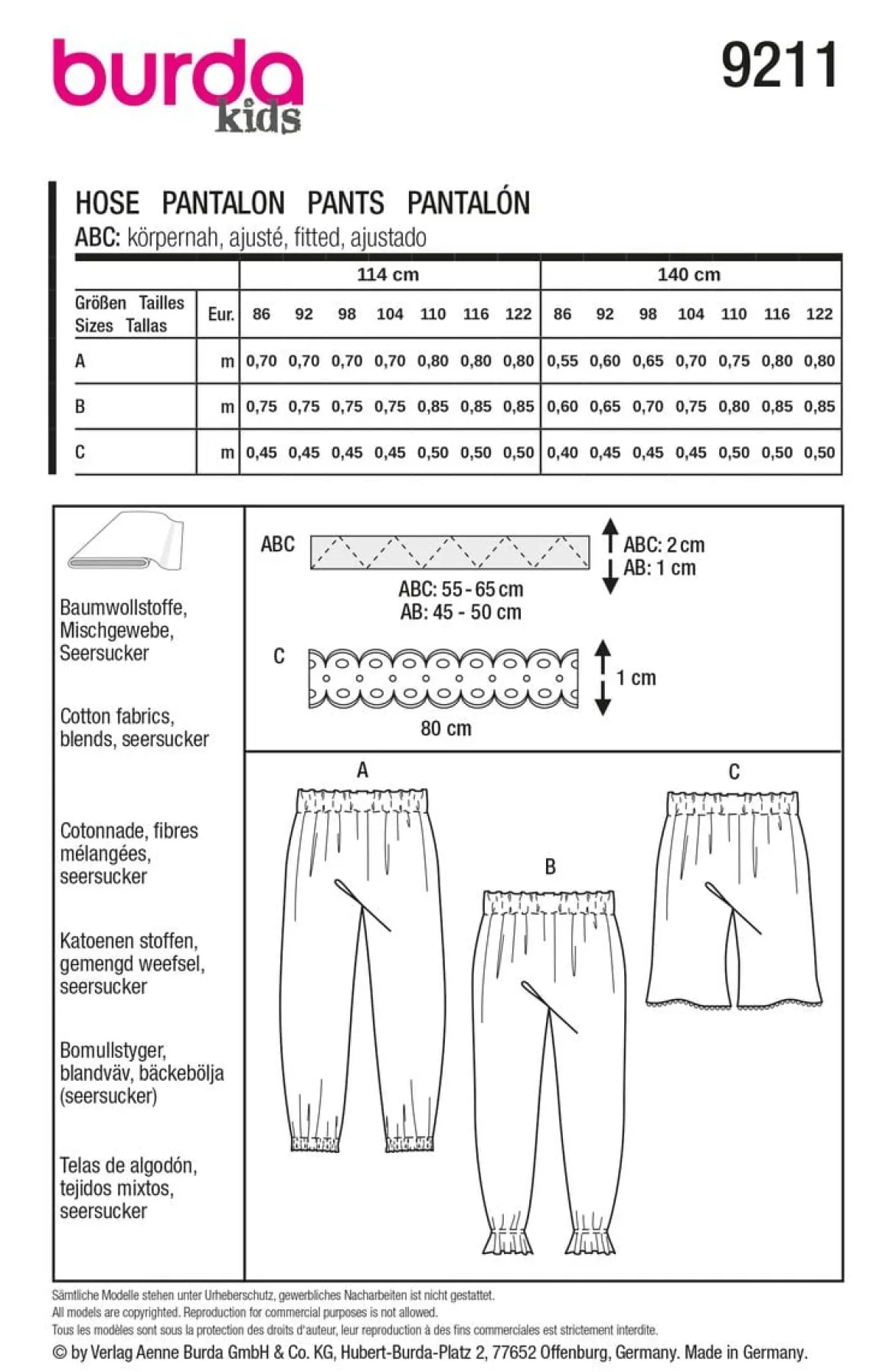 Burda Schnittmuster 9211 Kinder Hose