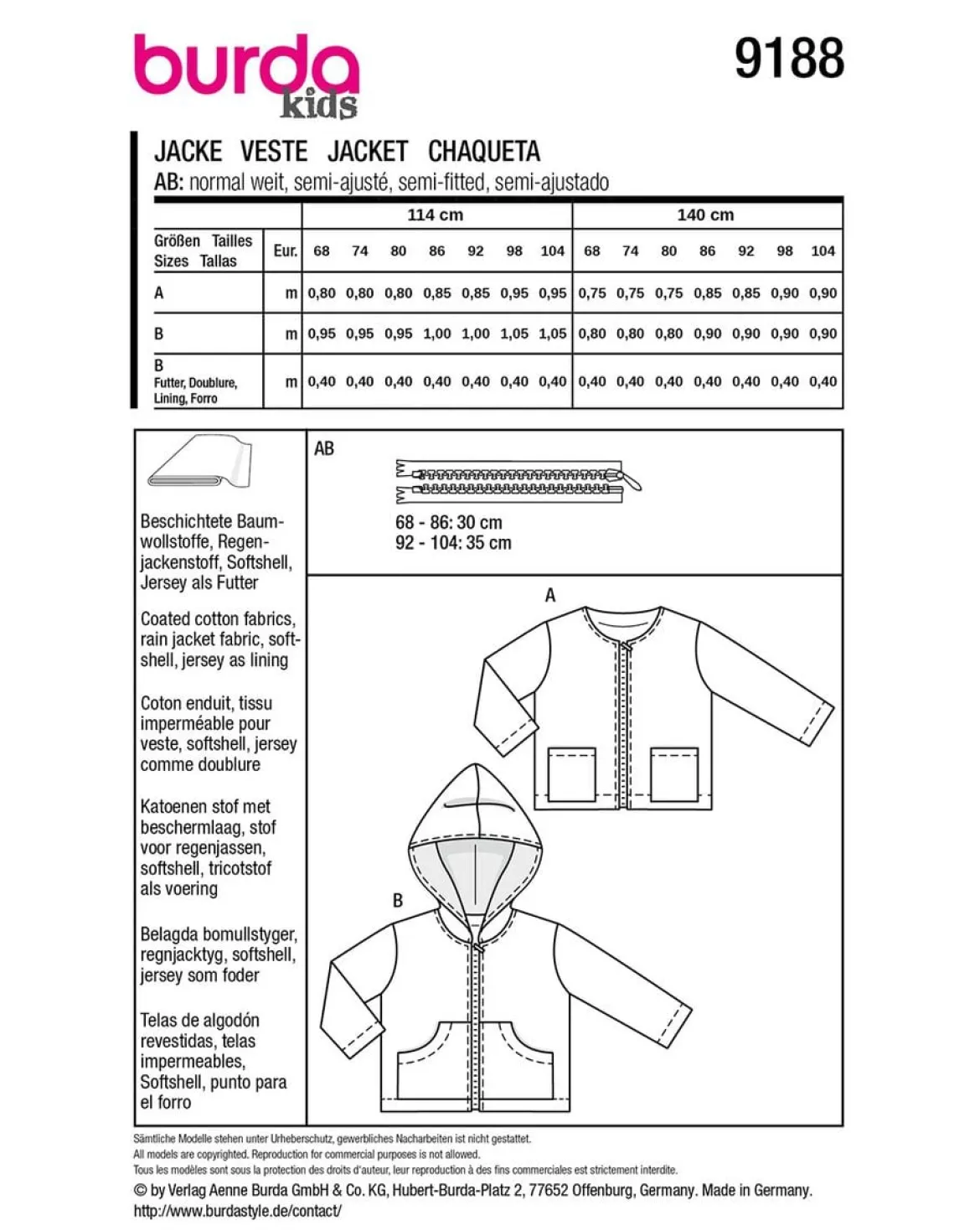 Burda Schnittmuster 9188 Kinder Jacke