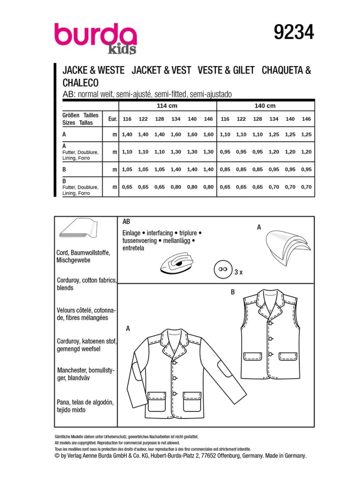 Burda Schnittmuster 9234 Kinder Jacke Weste