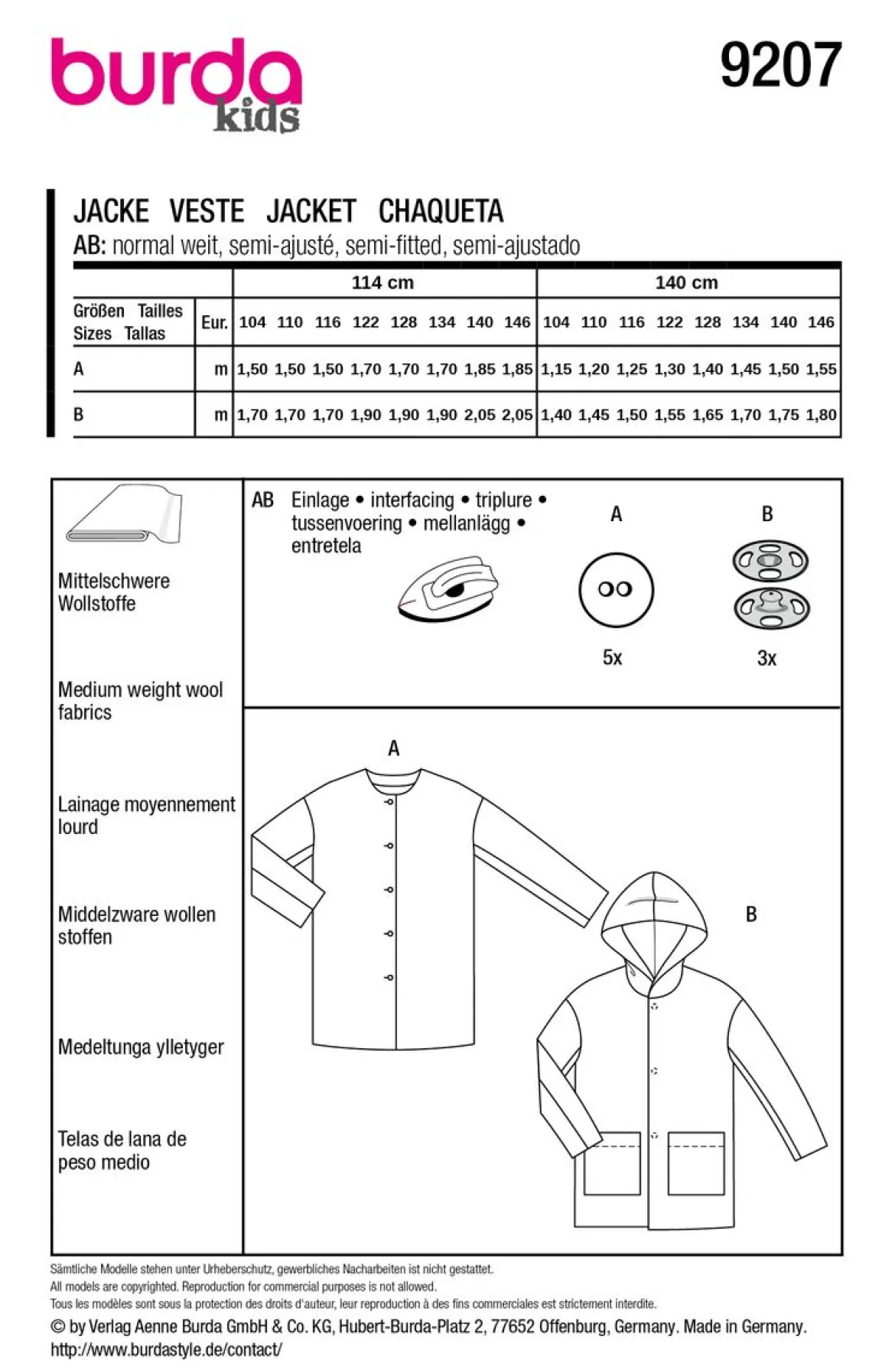 Burda Schnittmuster 9207 Kinder Jacke