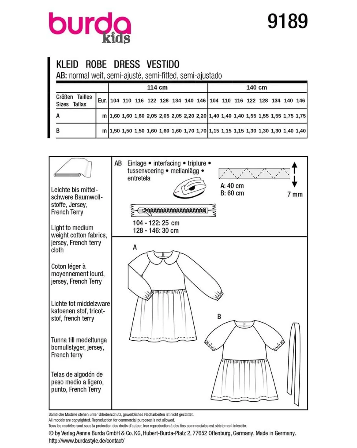 Burda Schnittmuster 9189 Kinder Kleid