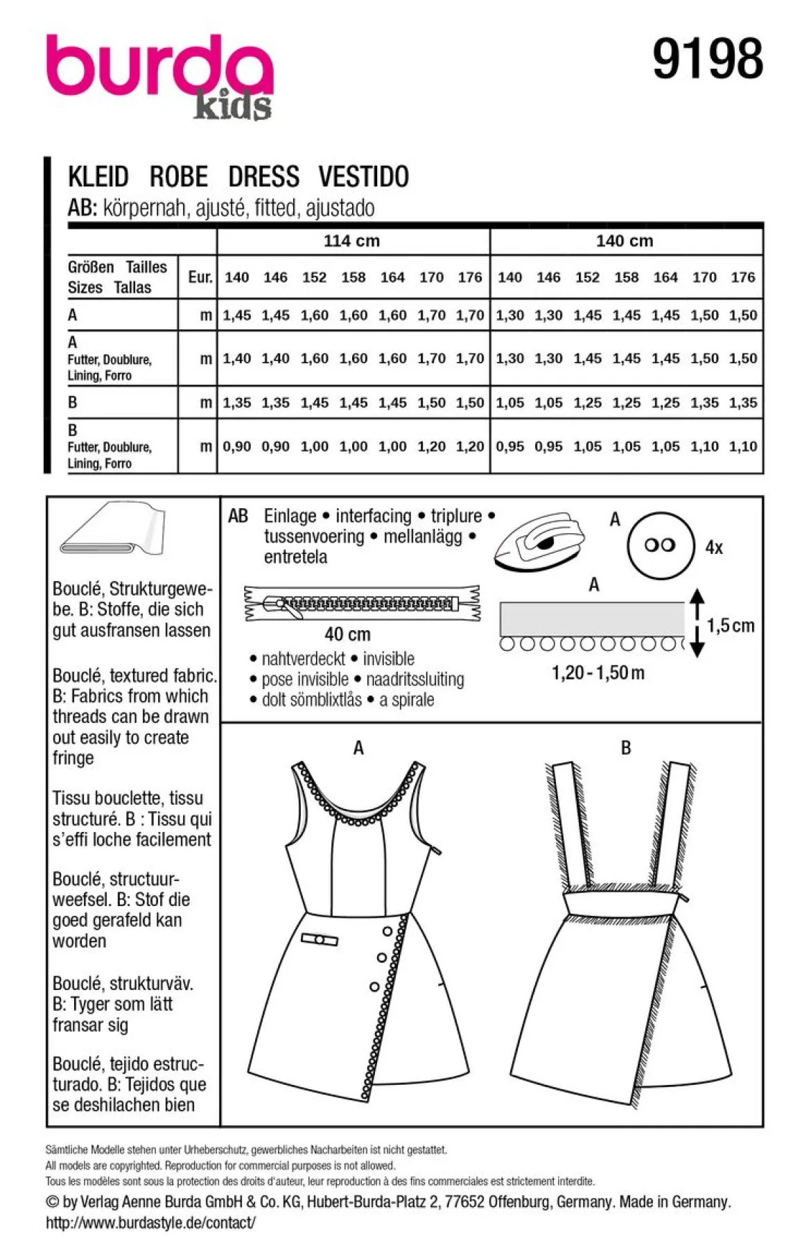 Burda Schnittmuster 9198 Kinder Teenager Kleid
