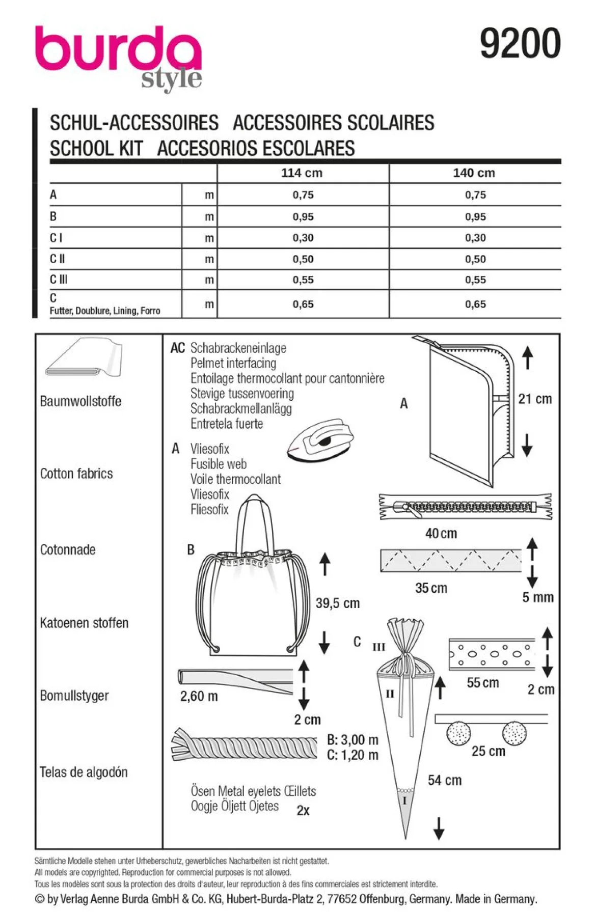 Burda Schnittmuster 9200 Schul-Accessoires