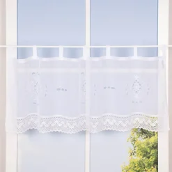 Cafehausgardine Schlaufen Leinenstruktur bestickt Blumen mit Häkelborte 45x120cm