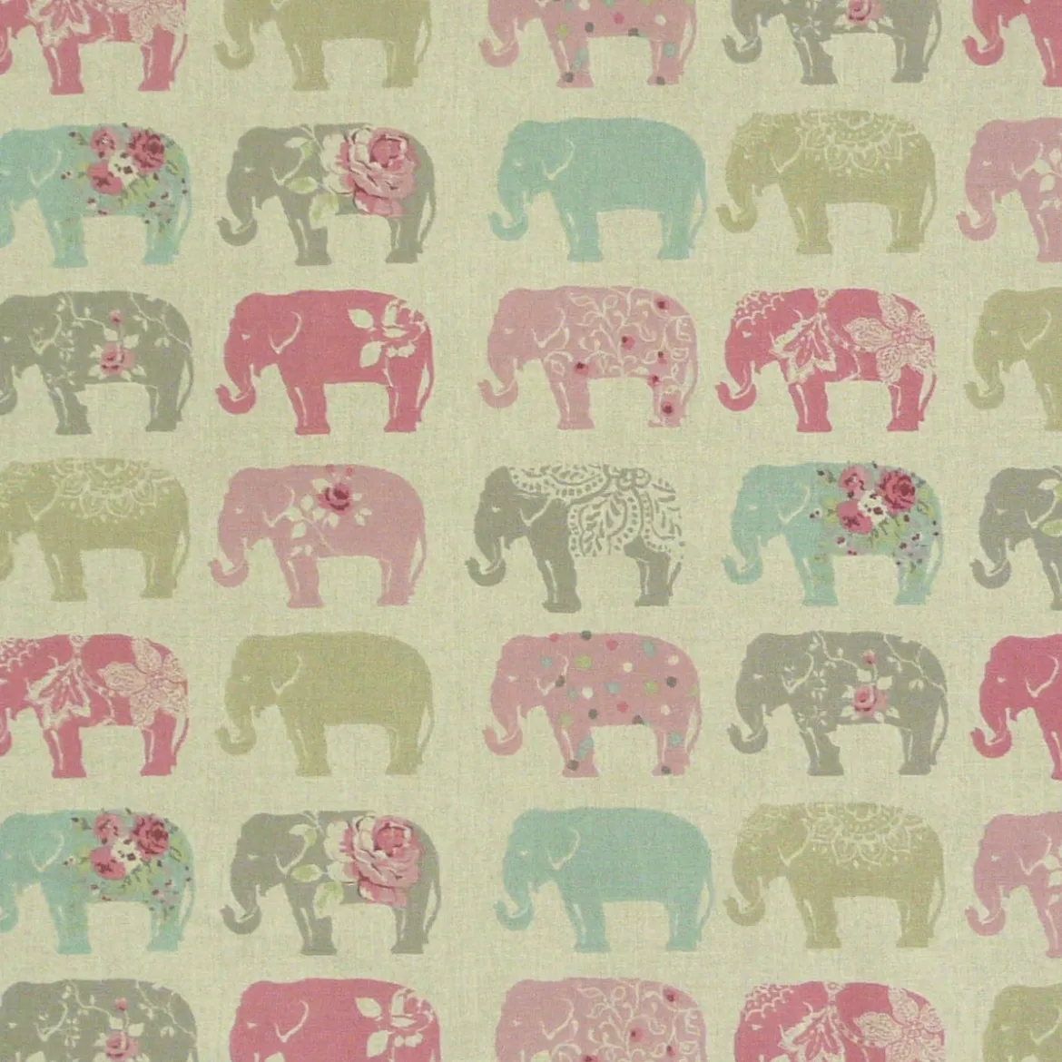 Clarke & Clarke Baumwollstoff Elefanten Pastell rosa türkis grau