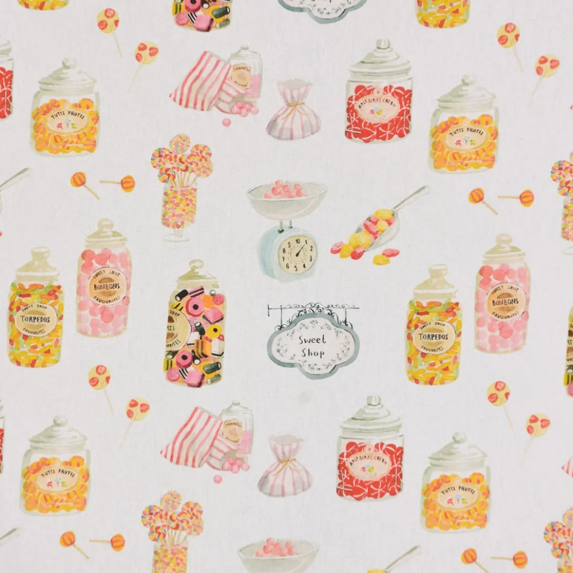 Clarke & Clarke STUDIO G Digitaldruck Süßigkeiten Bonbons Candyshop ecru multi 138cm Breite