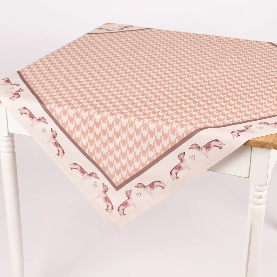 Clayre & Eef Mitteldecke Tischdecke Hahnentritt Dackel Herzen beige altrosa braun 100x100cm
