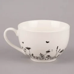 Clayre & Eef Tasse mit Untertasse Wiesenblumen Porzellan cremeweiß schwarz 200ml