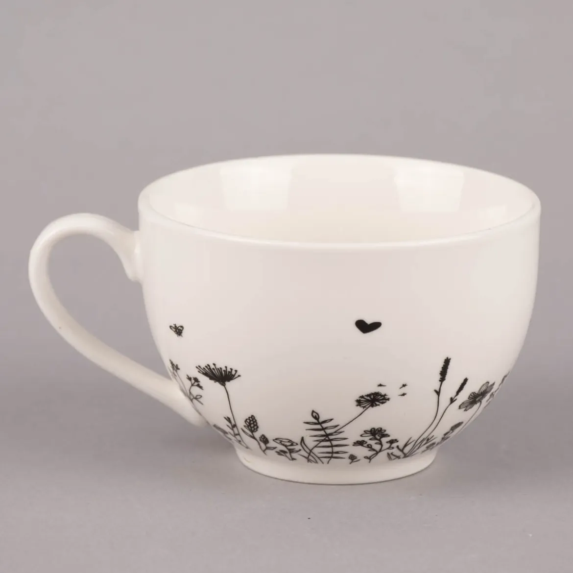 Clayre & Eef Tasse mit Untertasse Wiesenblumen Porzellan cremeweiß schwarz 200ml