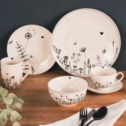 Clayre & Eef Tasse mit Untertasse Wiesenblumen Porzellan cremeweiß schwarz 200ml