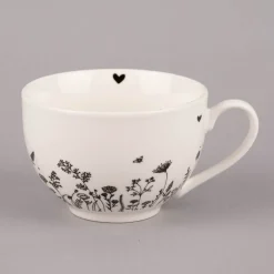 Clayre & Eef Tasse mit Untertasse Wiesenblumen Porzellan cremeweiß schwarz 200ml