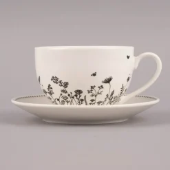 Clayre & Eef Tasse mit Untertasse Wiesenblumen Porzellan cremeweiß schwarz 200ml