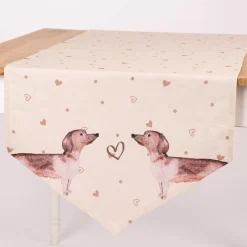 Clayre & Eef Tischläufer mit Dreiecksabschluss Dackel Herzen Punkte beige braun altrosa 50x160cm
